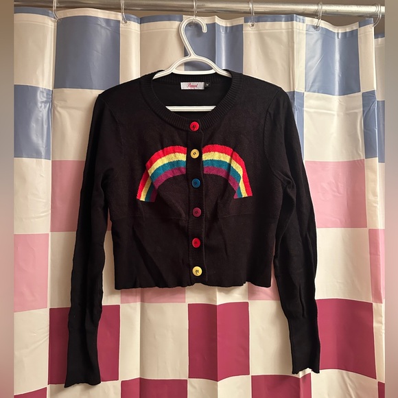 Rainbow cropped cardigan retro 70s vintage pinup nerd geek pride cute - Picture 2 of 5
